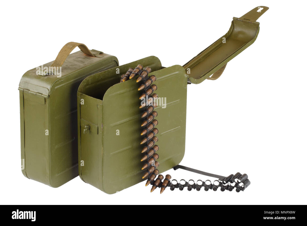 Soviet Maxim gun green ammunition box with machinegun belt Stock Photo