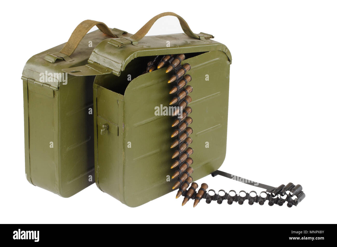 Soviet Maxim gun green ammunition box with machinegun belt Stock Photo