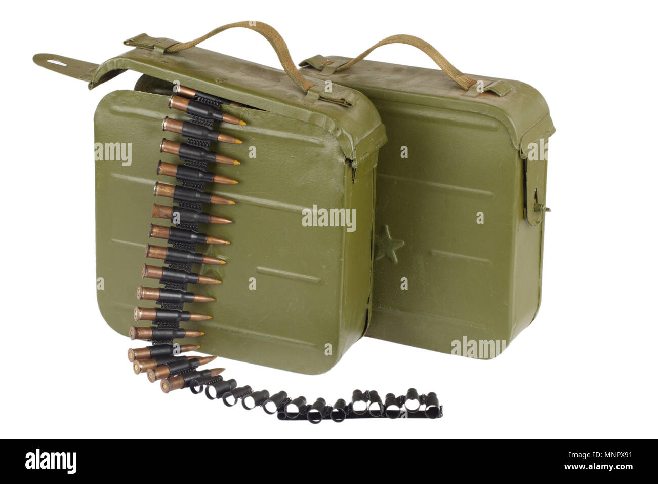 Soviet Maxim gun green ammunition box with machinegun belt Stock Photo