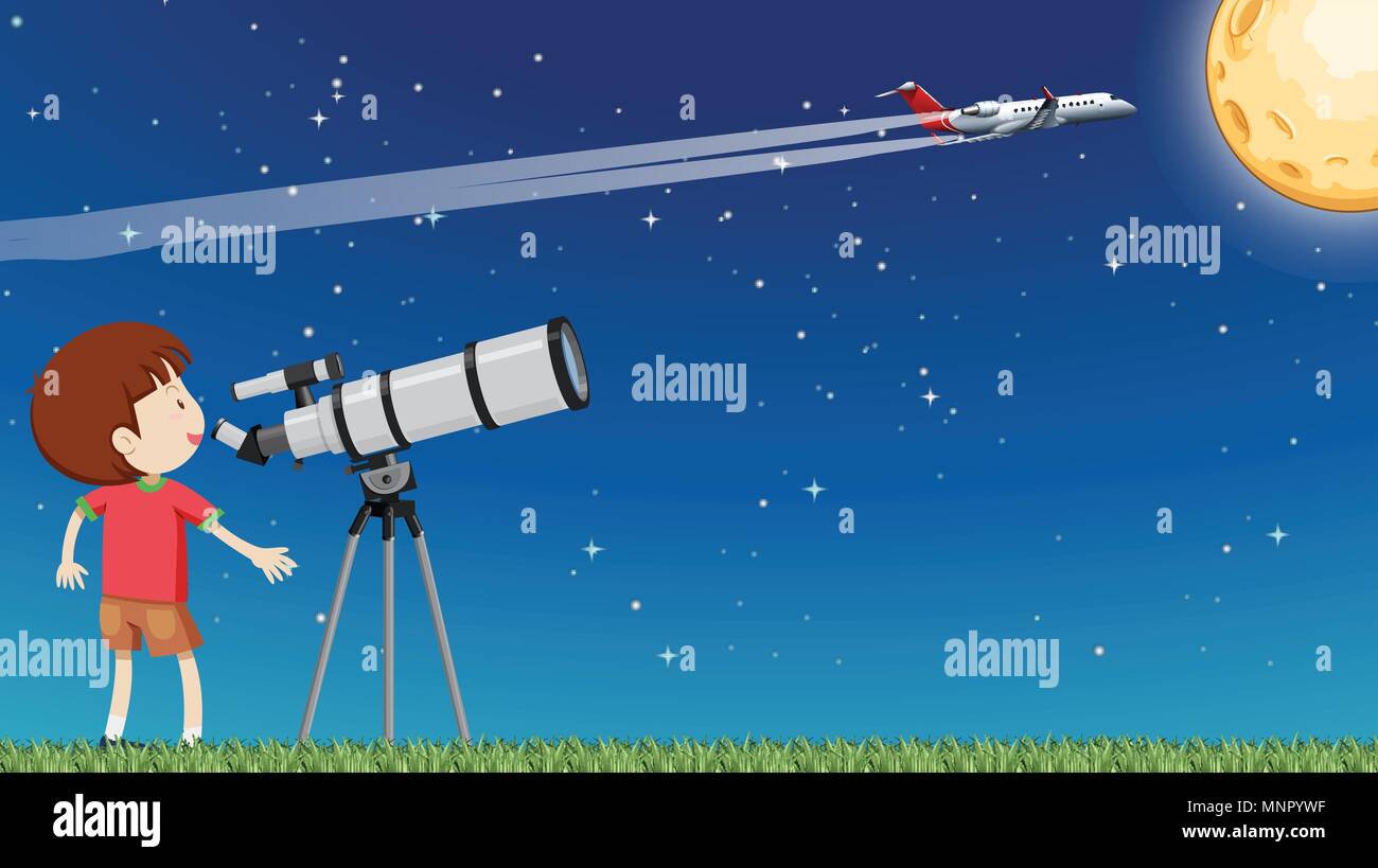 A Kid Looking at the Moon with Telescope illustration Stock Vector Image &  Art - Alamy