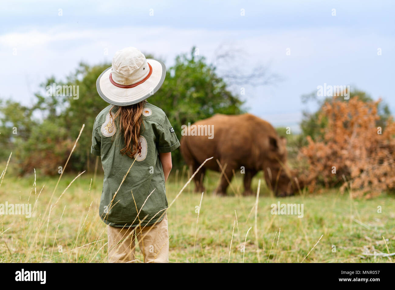 Back view of a little girl on safari walking close to white rhino Stock Photo Alamy