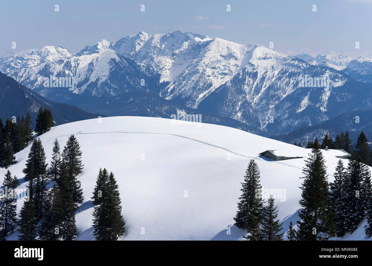 View of Hinteres Sonnwendjoch, near Kufstein, Tyrol, Austria, seen from Wallberg, Upper Bavaria, Bavaria, Germany Stock Photo