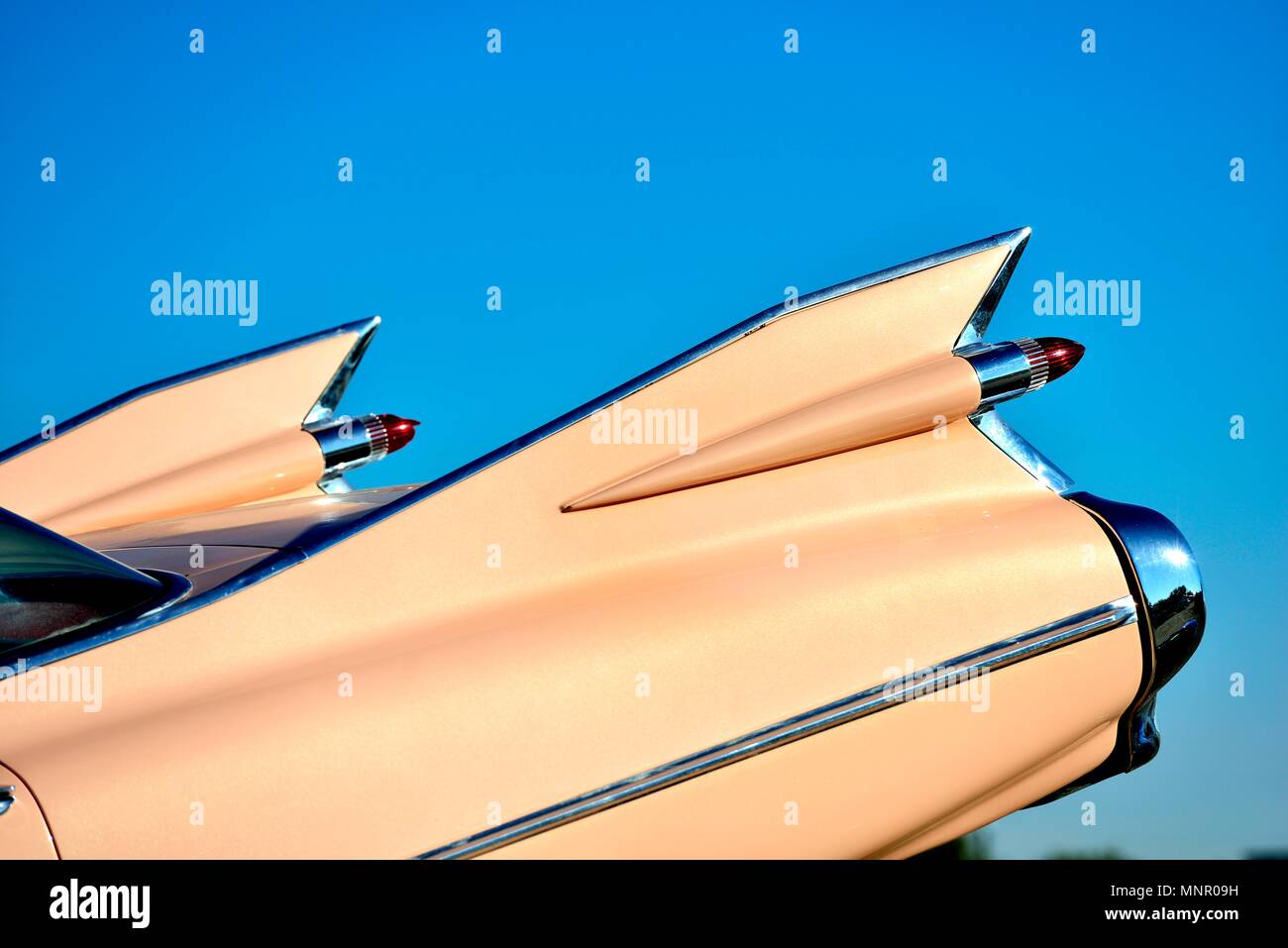 Cadillac shark fins in blue sky, Cadillac RV Camping, Amarillo, Texas, USA Stock Photo