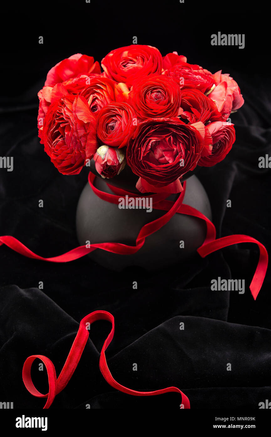 Black flower vase with red ranunculus and red ribbon on black velvet Stock Photo