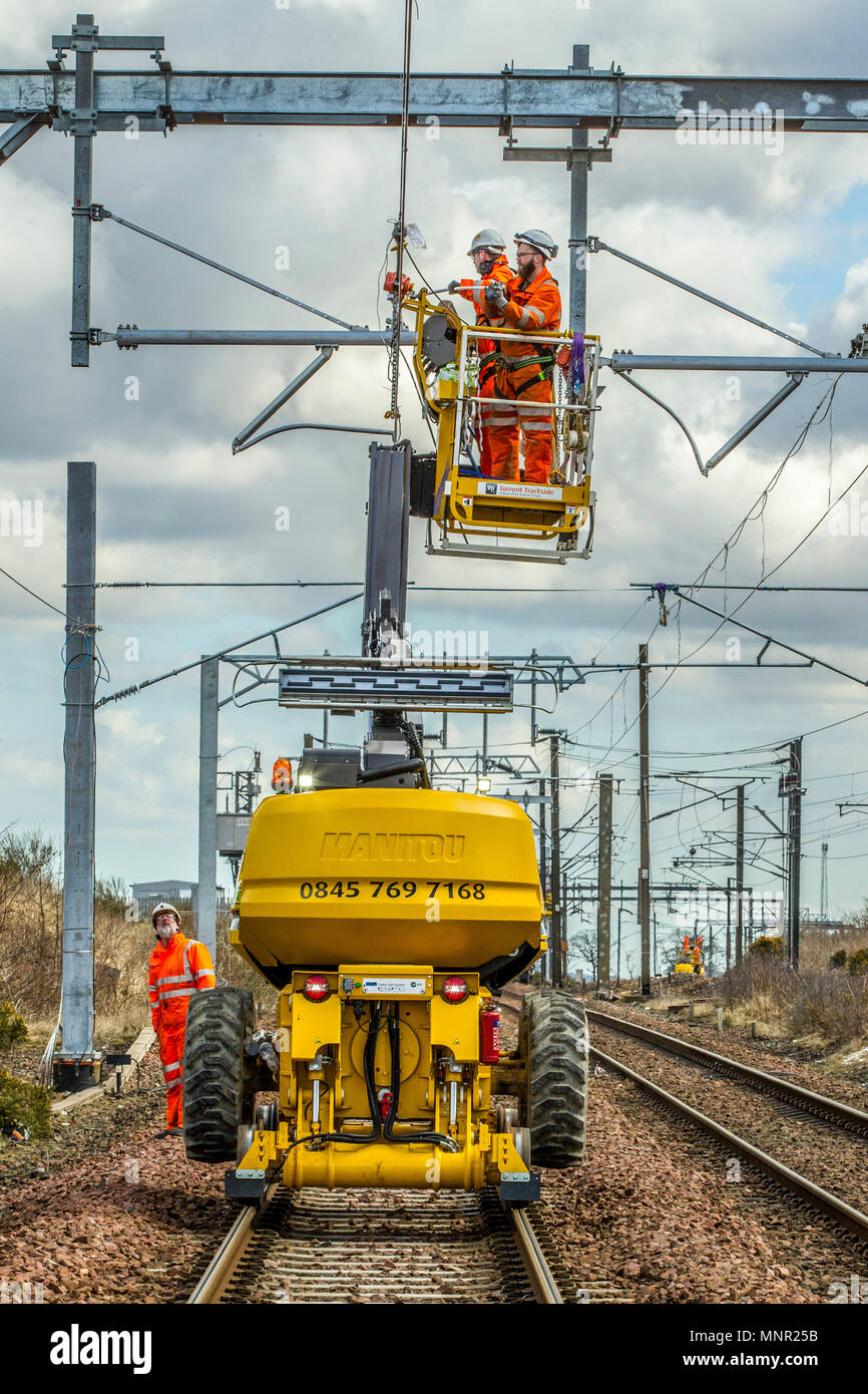 Railway workers working on overhead lines Stock Photo