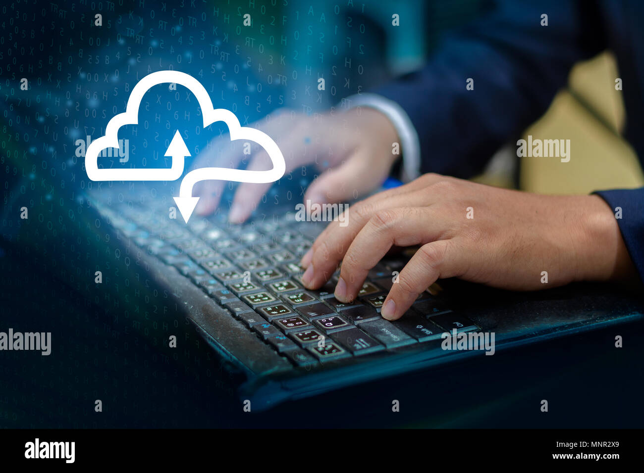 Hand print keyboard Press enter button on the computer hand businessman