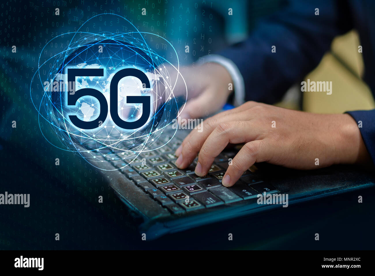 phone computer 5g Earth businessman connect worldwide waiter hand holding an empty digital tablet with smart and 5G network connection concept Stock Photo