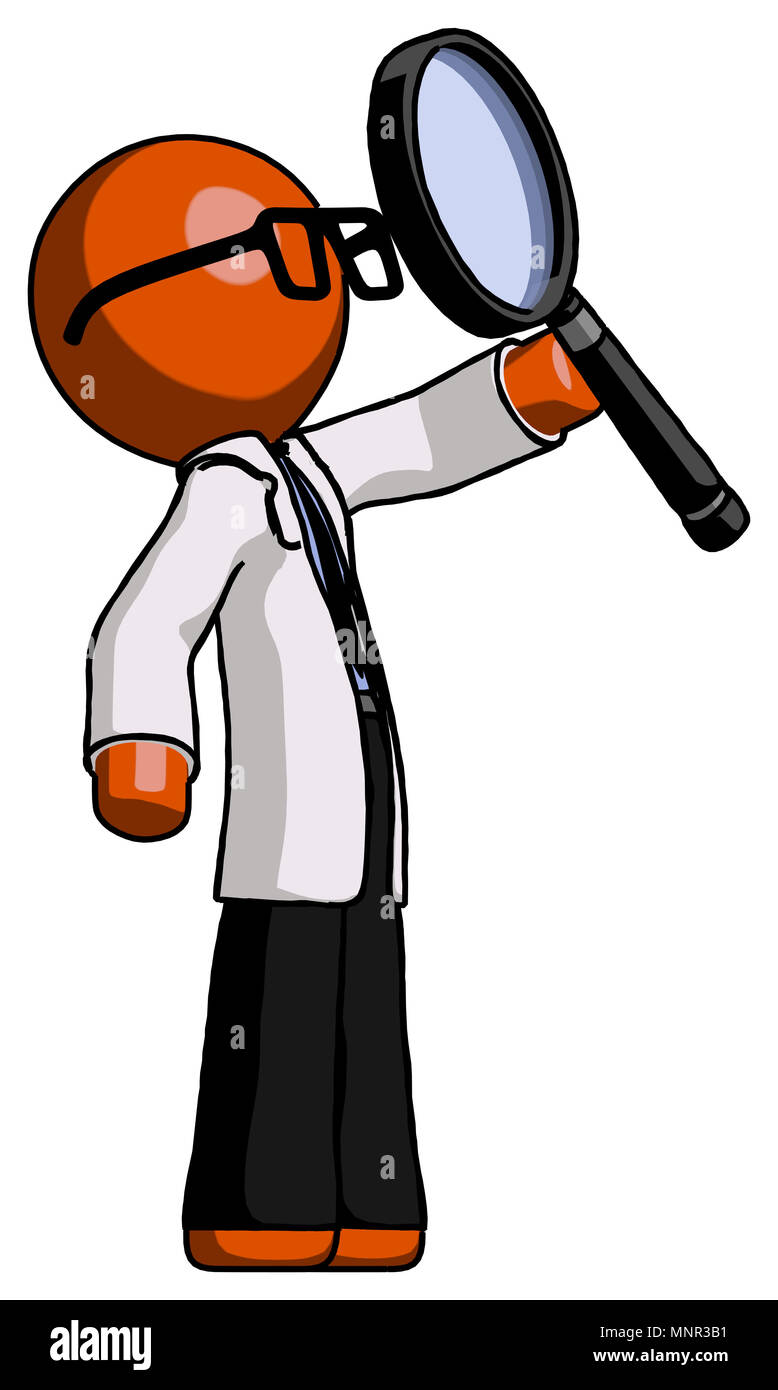 Orange doctor scientist man inspecting with large magnifying glass facing  up Stock Photo - Alamy