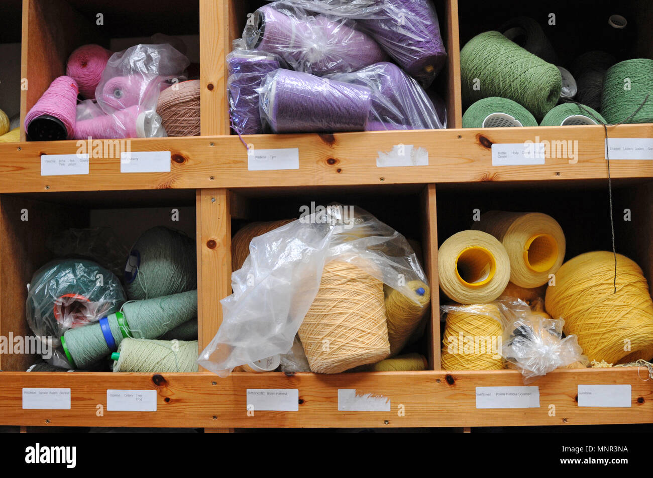 Different coloured yarns on cones on shelves in a woollen mill Stock