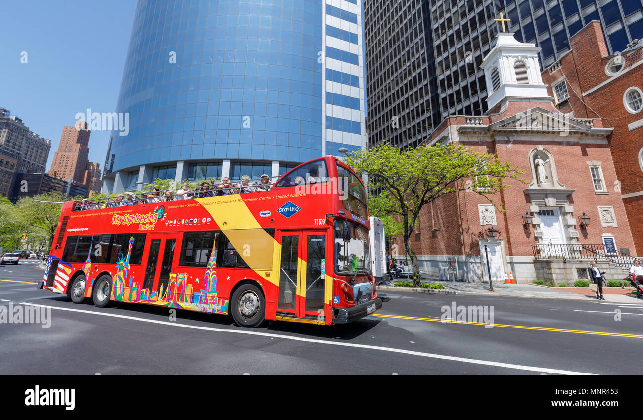 New York, USA May 9, 2018 New York Sightseeing Hop on Hop off bus in Manhattan. It offers