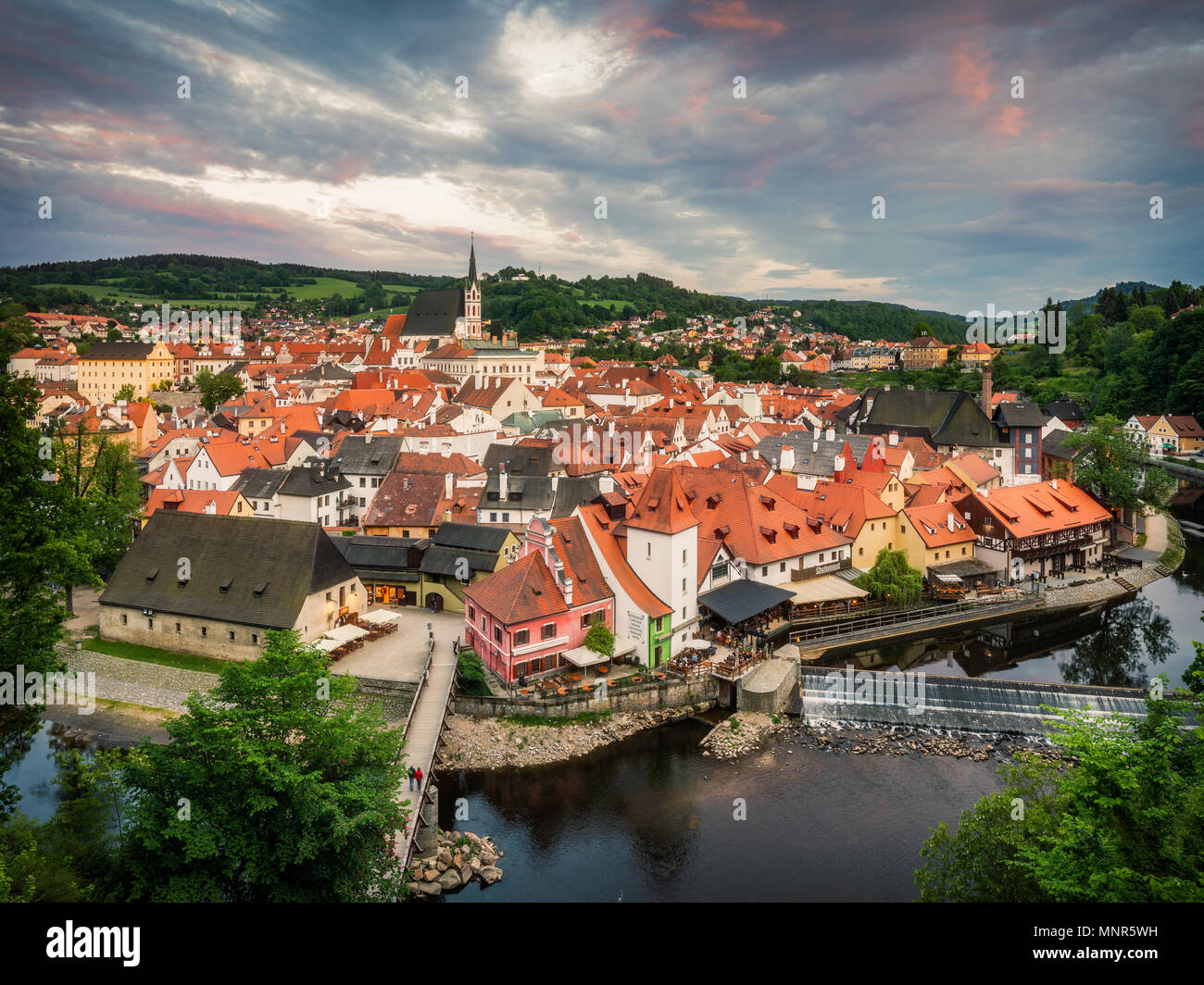Colourful cloudy twilight sky over the picturesque town of Cesky Kumlov, Czech Republic, Europe Stock Photo