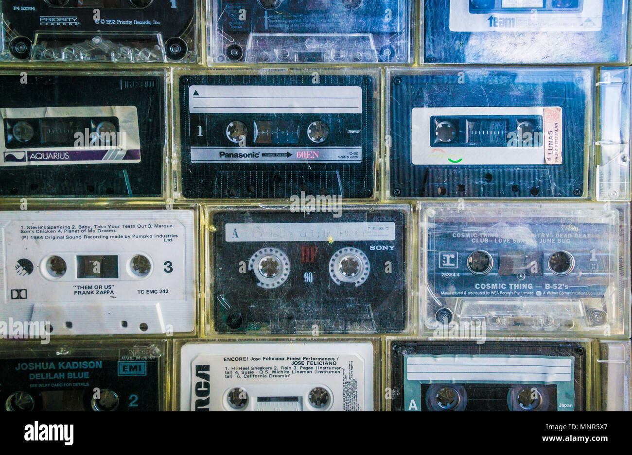 Old audio cassette tapes arranged together Stock Photo