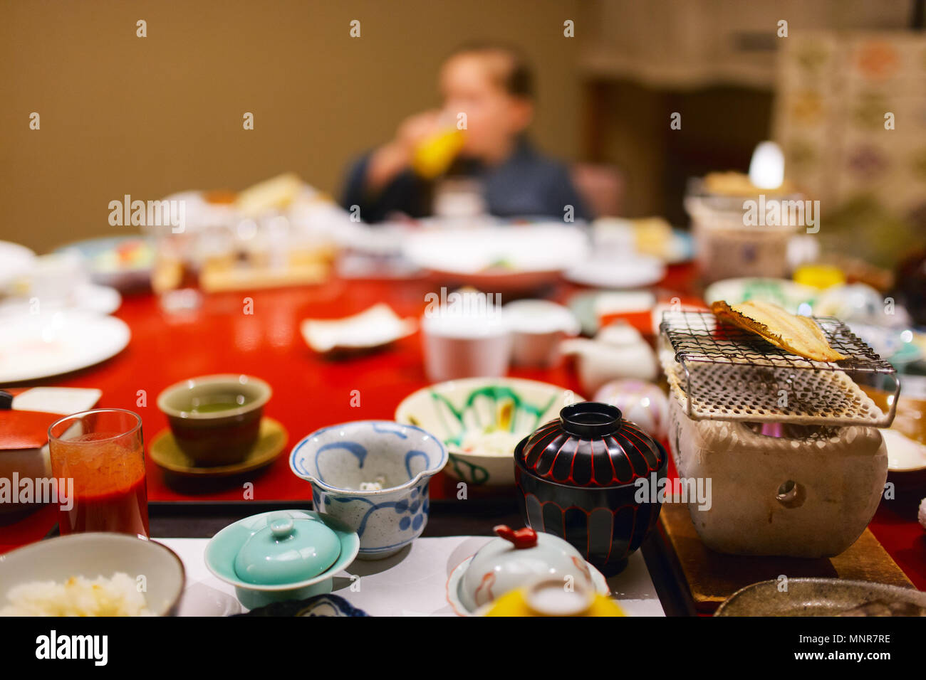 Traditional Japanese breakfast cooked with Hibachi stove grill