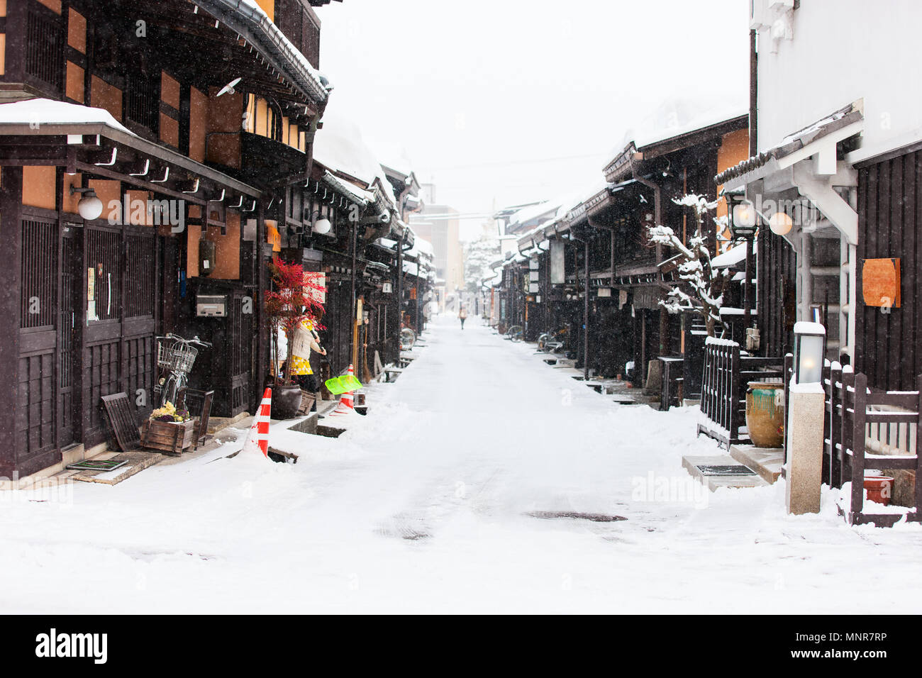 Old district wooden houses at historical Takayama town in Japan on
