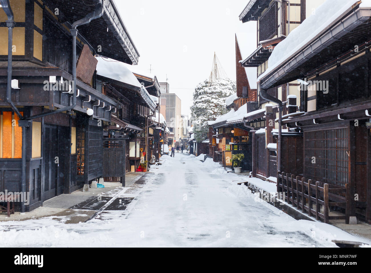 Old district wooden houses at historical Takayama town in Japan on