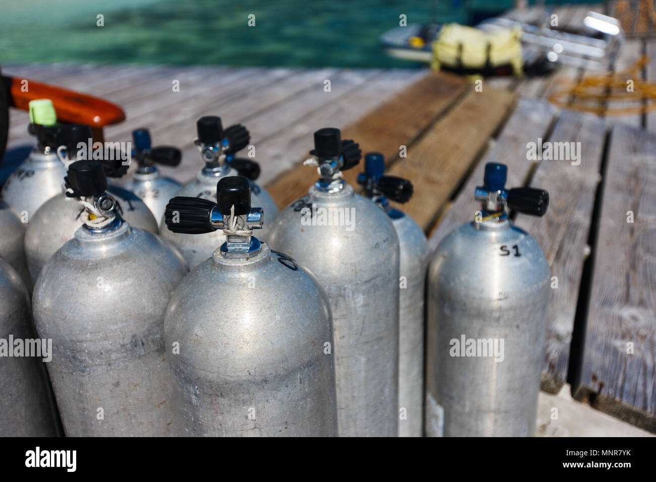 Compressed air tanks prepared for diving trip Stock Photo Alamy