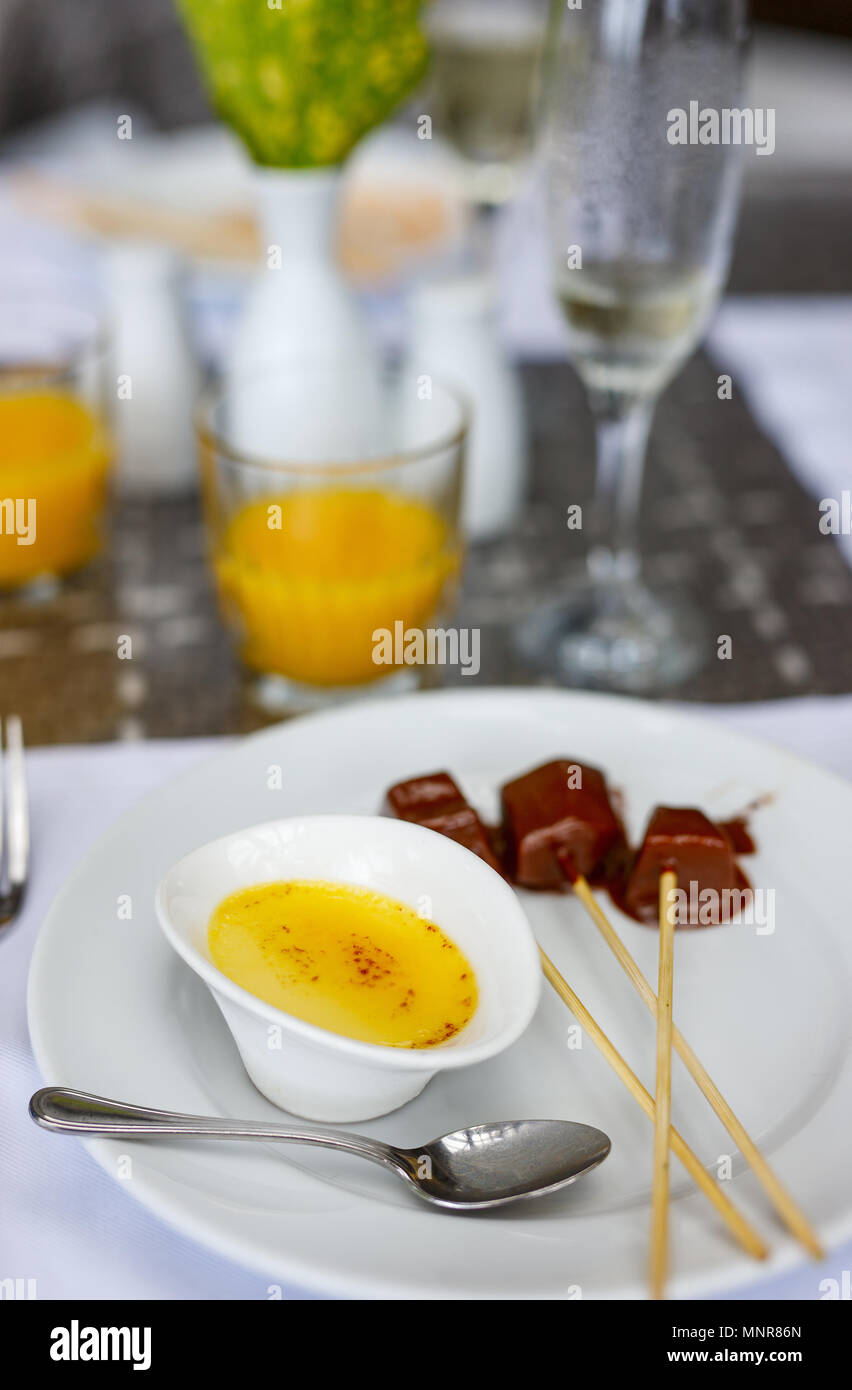 Creme brulee French vanilla cream dessert with caramelized sugar on top