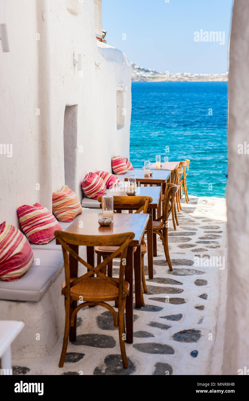 Typical greek traditional village with white walls and colorful doors on Mykonos Island, Greece, Europe Stock Photo