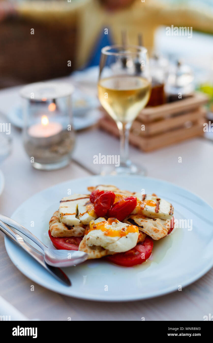 Close up of delicious hallumi cheese appetizer served for lunch or dinner Stock Photo