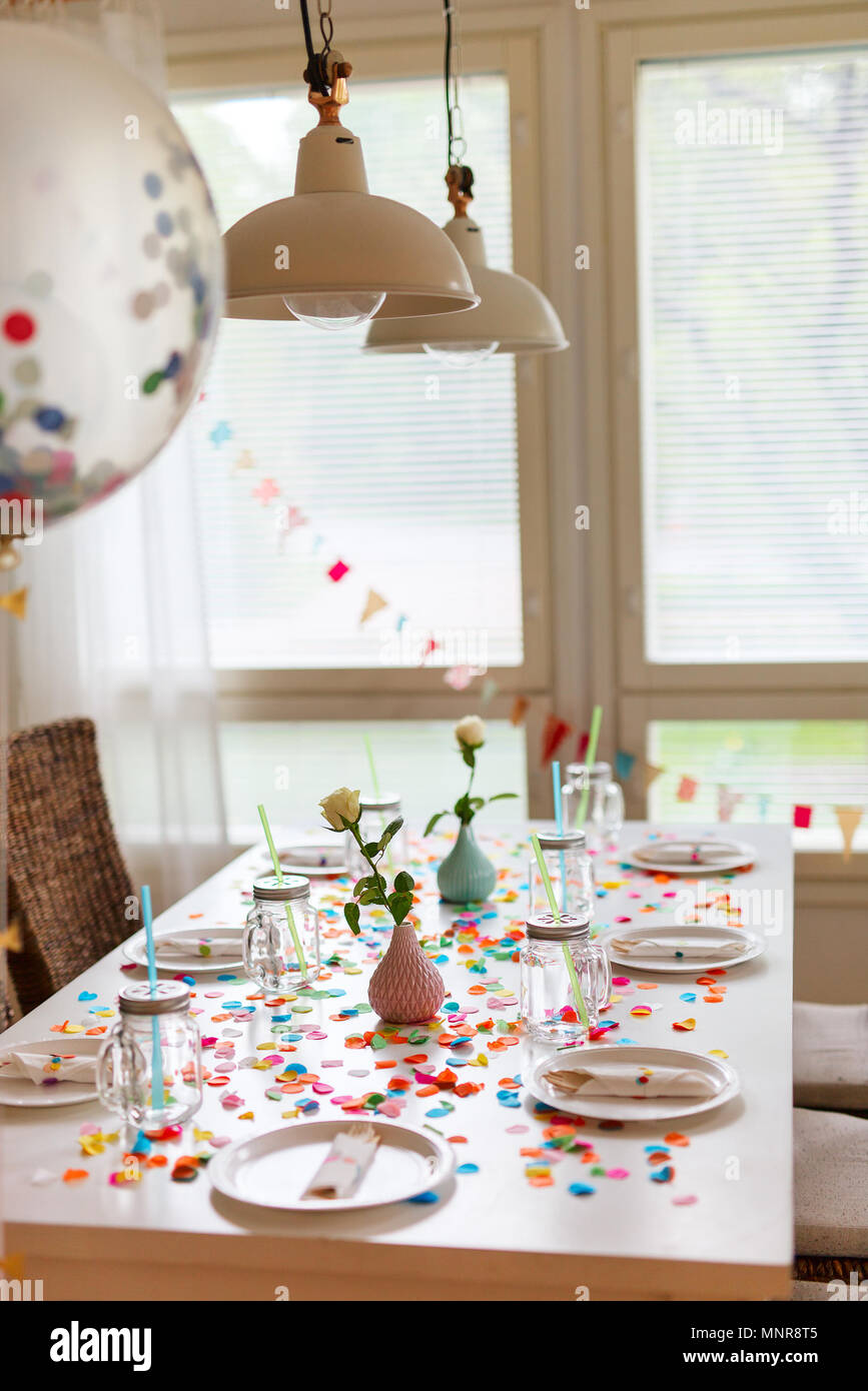 Table beautifully decorated for a colorful birthday party Stock Photo