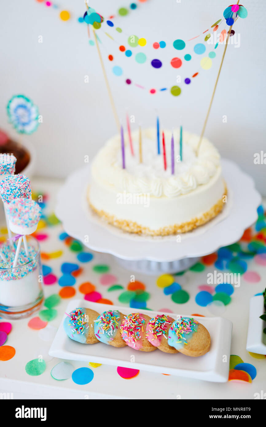 Cake, candies, marshmallows, cakepops, fruits and other sweets on