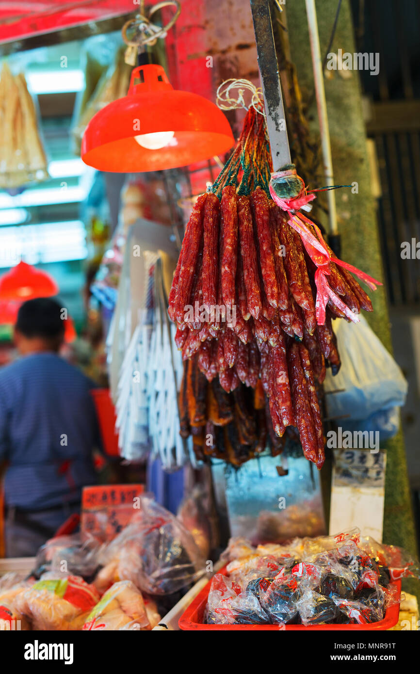 BBQ sausages at street market in Hong Kong Stock Photo Alamy