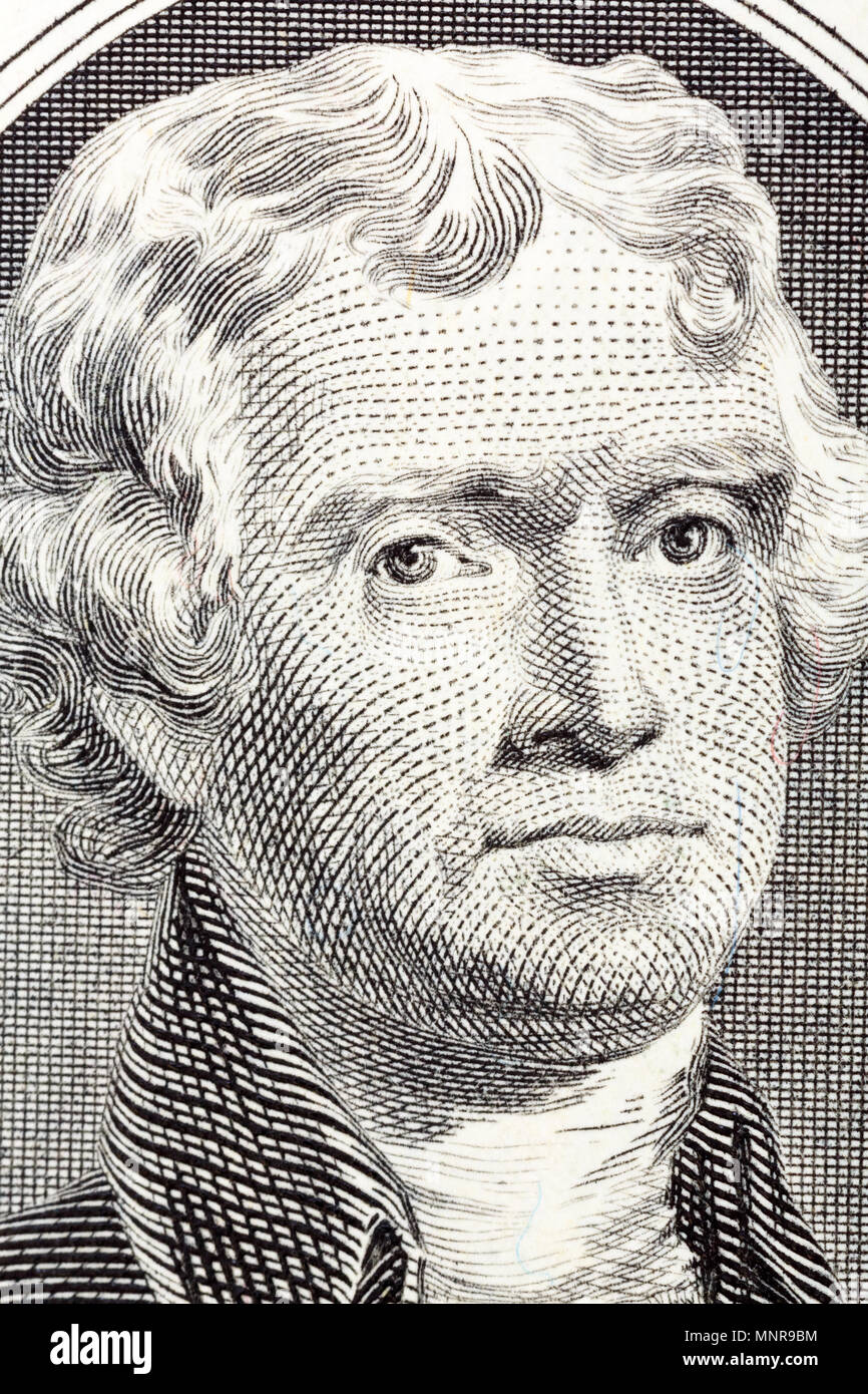Portrait on macro of Thomas Jefferson from the two dollar bill. Stock Photo