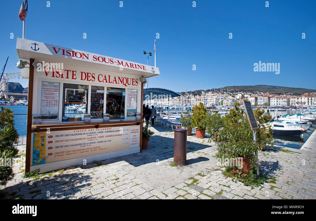 Ticket sale for excursions to the Calanques, La Ciotat, Bouches-du-Rhone, Provence-Alpes-Côte d’Azur, South France, France, Europe Stock Photo