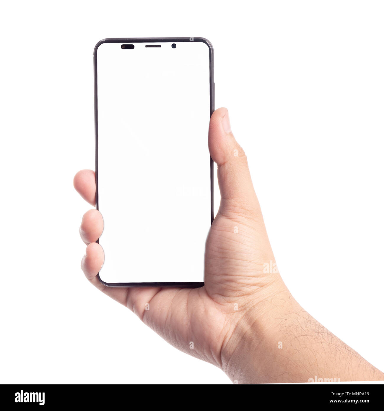 Male hand holding smartphone with blank white screen isolated ...