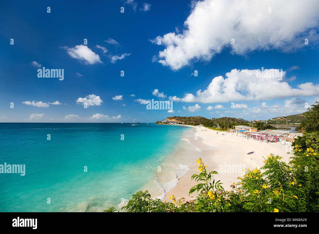 Idyllic tropical Darkwood beach at Antigua island in Caribbean with white sand, turquoise ocean water and blue sky Stock Photo