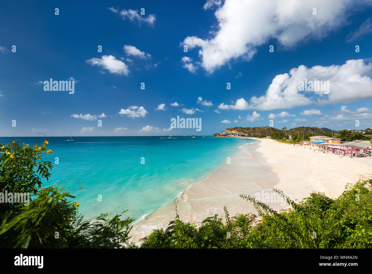 Idyllic tropical Darkwood beach at Antigua island in Caribbean with white sand, turquoise ocean water and blue sky Stock Photo