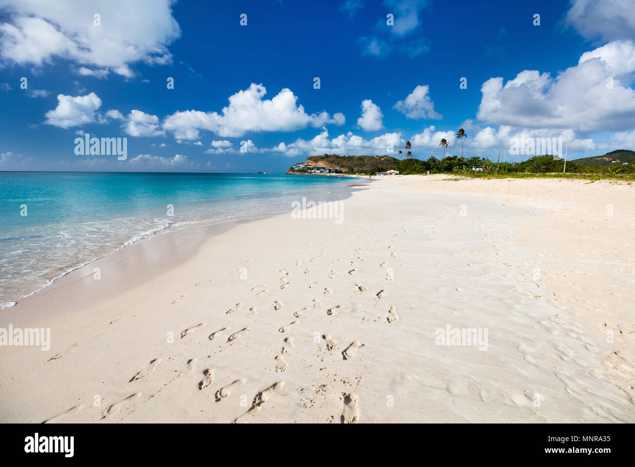 Idyllic tropical Darkwood beach at Antigua island in Caribbean with white sand, turquoise ocean water and blue sky Stock Photo