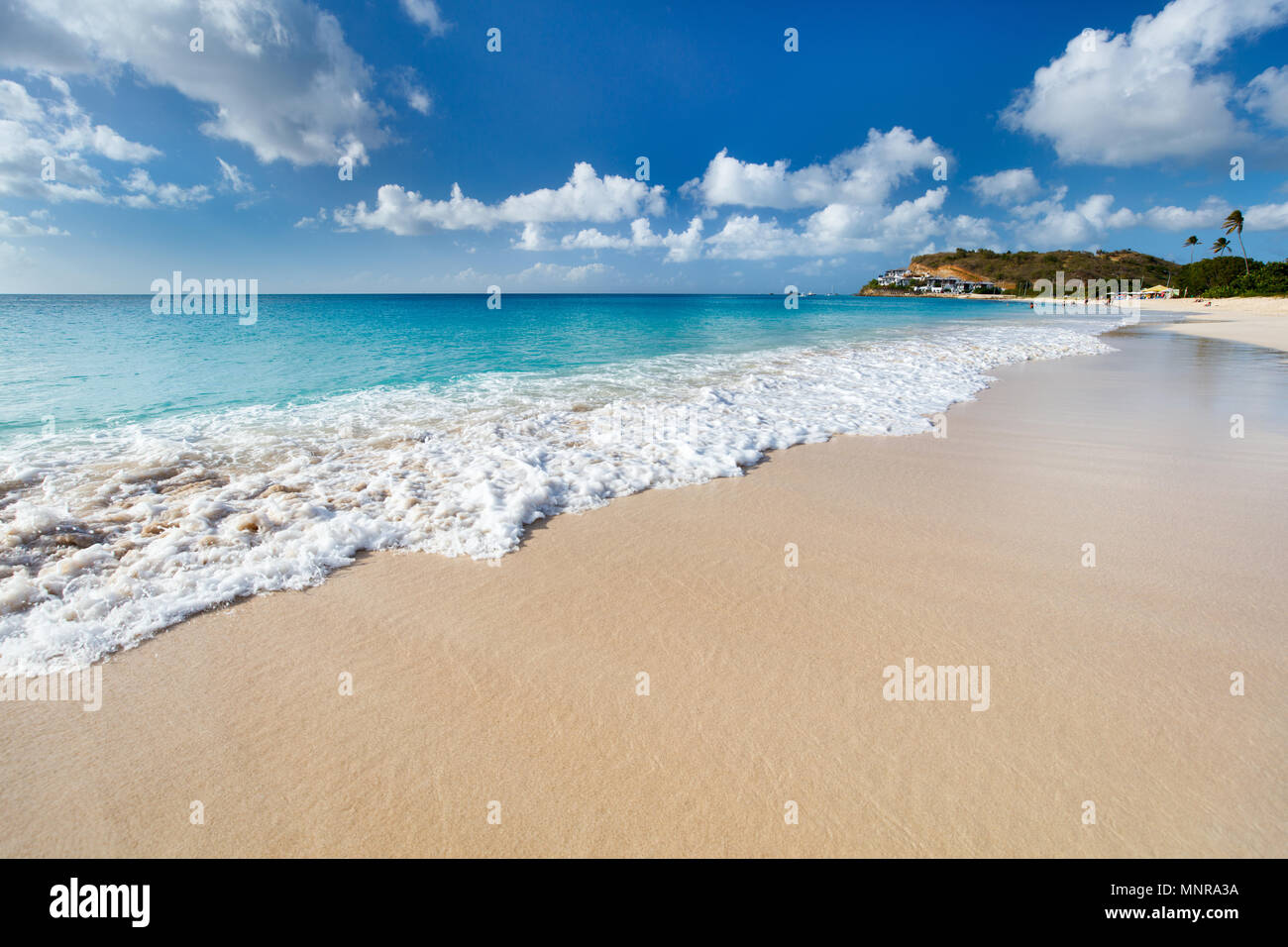 Idyllic tropical Darkwood beach at Antigua island in Caribbean with white sand,  turquoise ocean water and blue sky Stock Photo