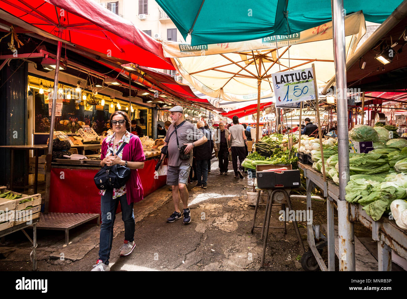 Palermo, Italy, April 26, 2018: Balaro market with fresh fruit, vegetable and fish in Palermo. Stock Photo