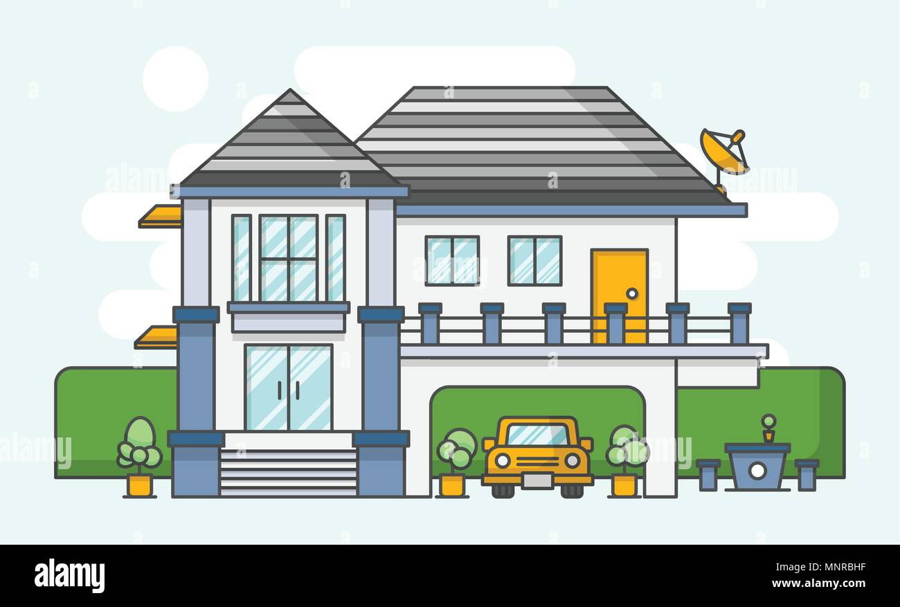 Modern house . Outline style and flat color design . Vector Stock ...