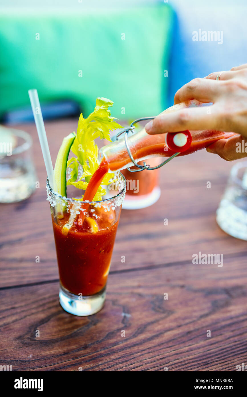 Close up of Bloody Mary cocktail served in a bar or restaurant Stock
