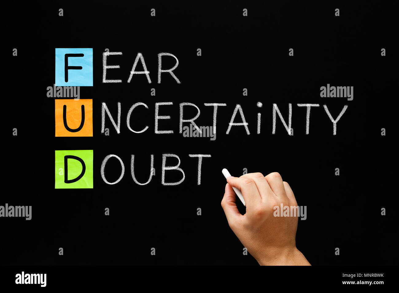 Hand writing FUD - Fear Uncertainty And Doubt with white chalk on blackboard. Stock Photo