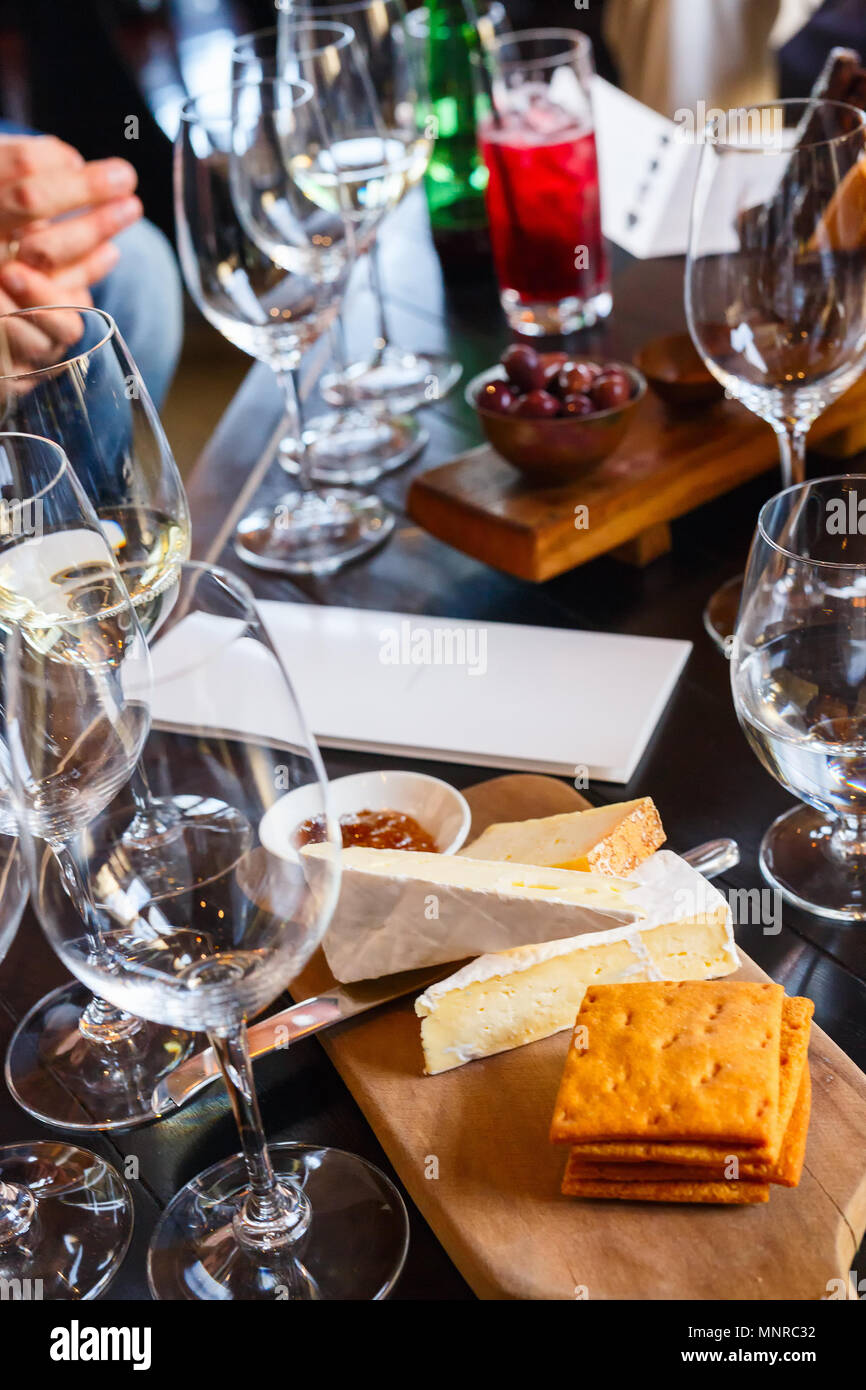 Wine and cheese tasting in South Africa estate in Western Cape winegrowing region Stock Photo