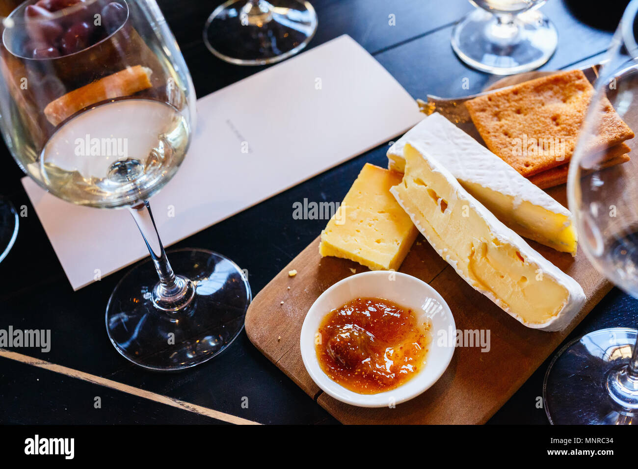 Wine and cheese tasting in South Africa estate in Western Cape winegrowing region Stock Photo