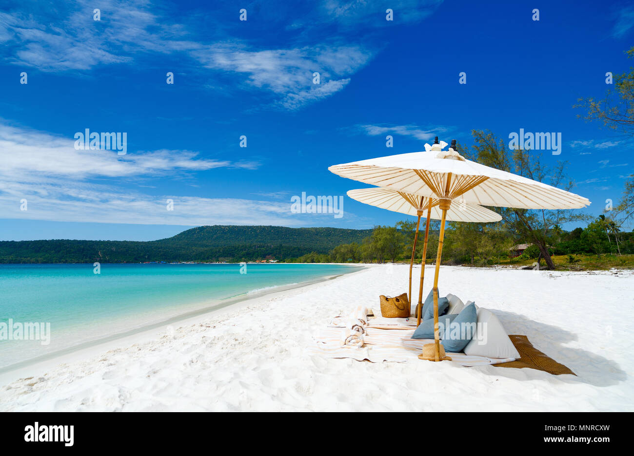 Landscape photo of beautiful white sand exotic beach on Koh Rong island in Cambodia Stock Photo