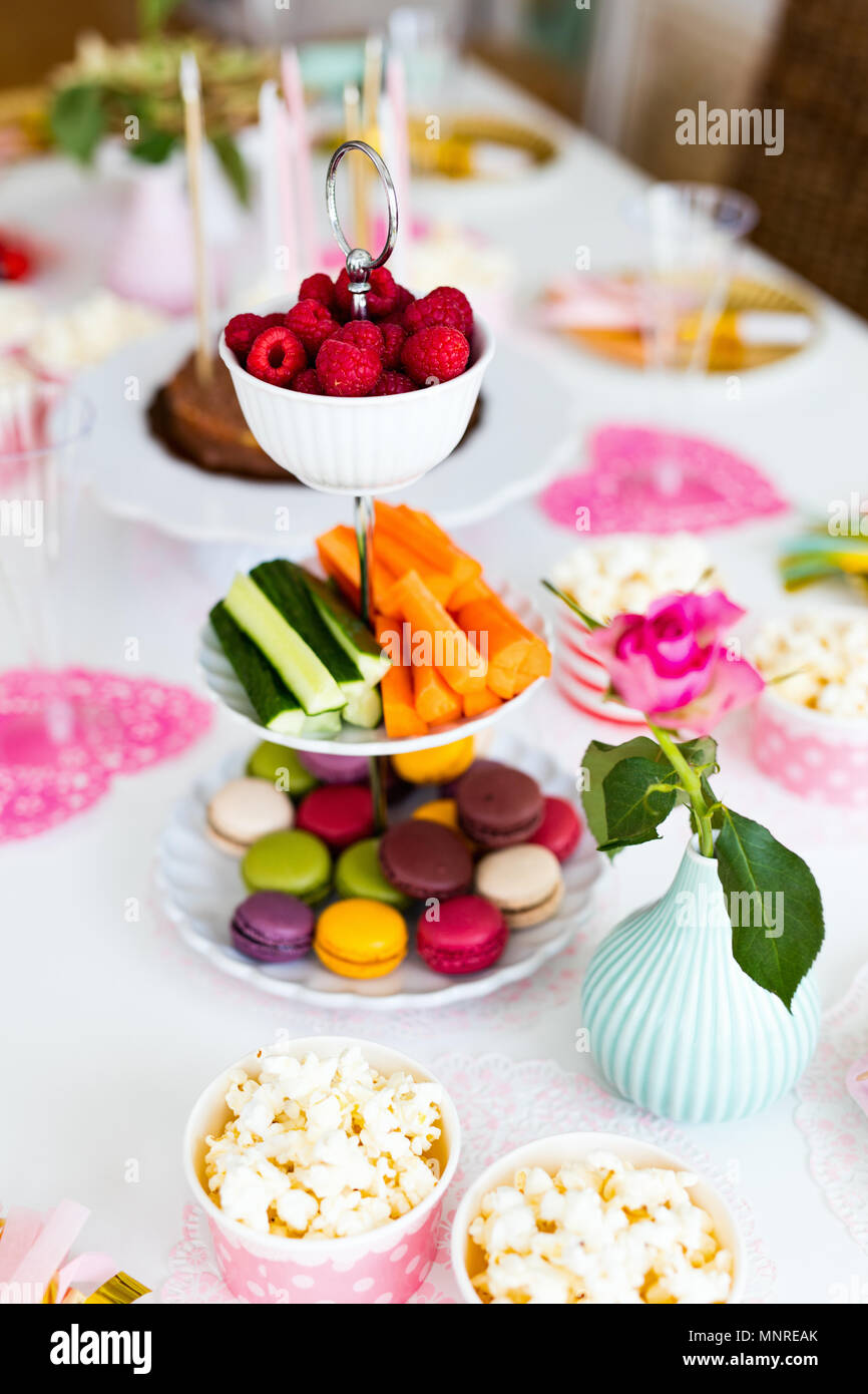 Cake, candies, marshmallows, popcorn, fruits and other sweets on