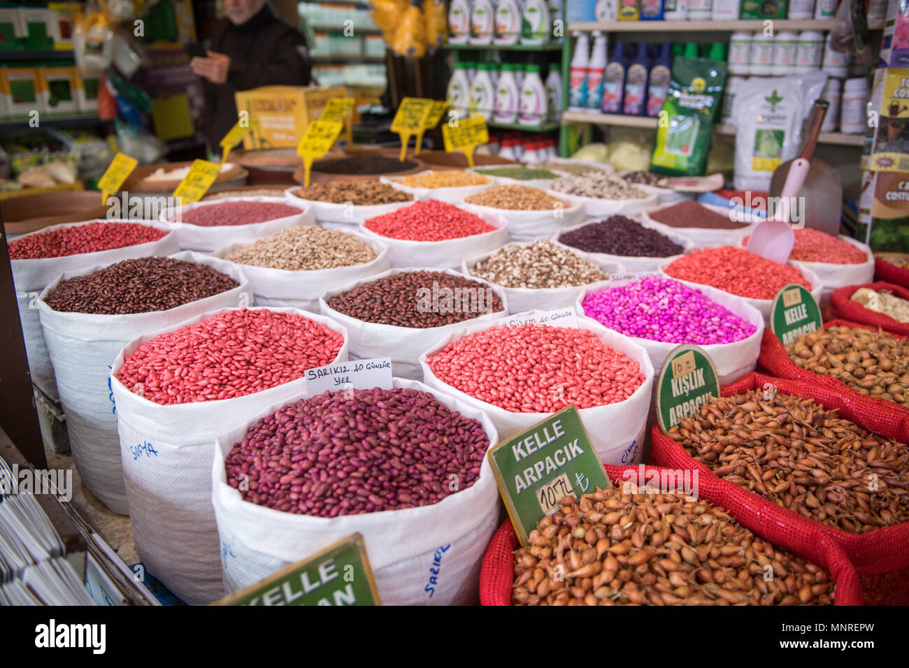 Bags Full Of An Assortment Of Colorful Seeds For Purchase At Outdoor Marketplace Istanbul Turkey Stock Photo Alamy