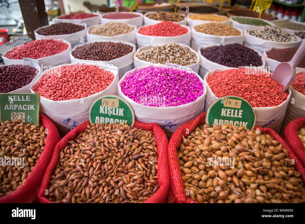 Bags Full Of An Assortment Of Colorful Seeds For Purchase At Outdoor Marketplace Istanbul Turkey Stock Photo Alamy