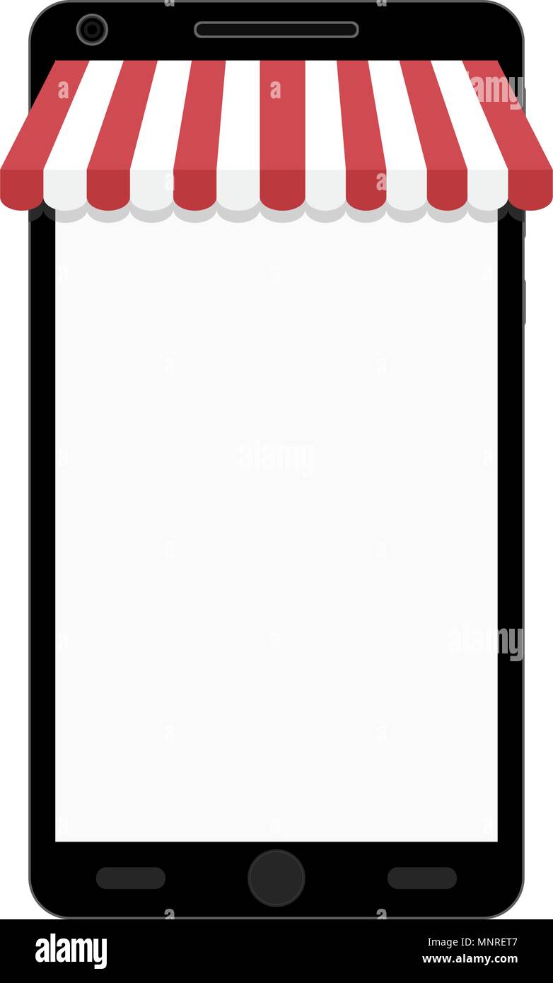 Online shopping on smartphone. Web store with empty screen, copy space in gadget with awning, vector illustration Stock Vector