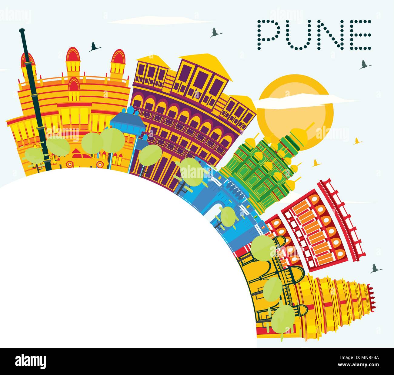 Pune India Skyline with Color Buildings, Blue Sky and Copy Space. Vector Illustration. Stock Vector