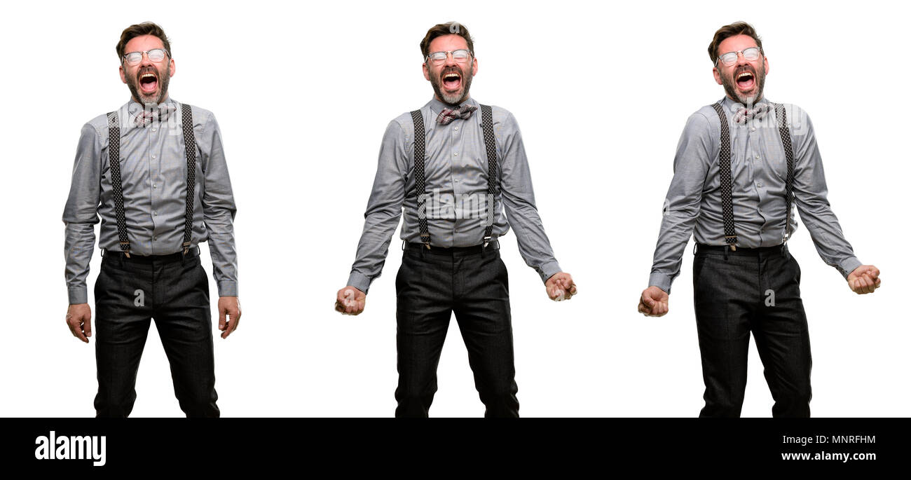Middle age man, with beard and bow tie stressful, terrified in panic, shouting exasperated and frustrated. Unpleasant gesture. Annoying work drives me Stock Photo