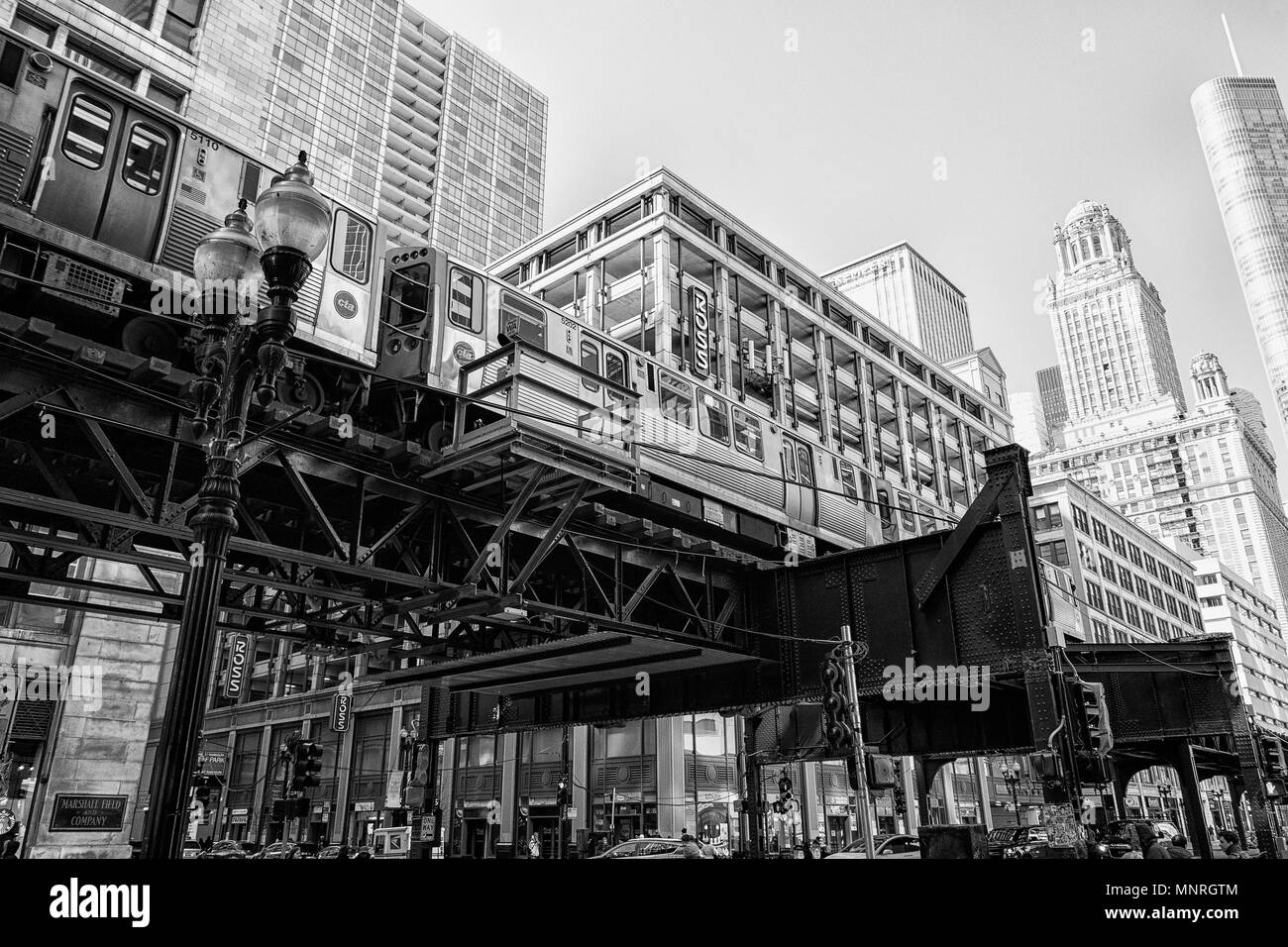 Elevated train track The Loop running down street in Chicago, USA Stock Photo