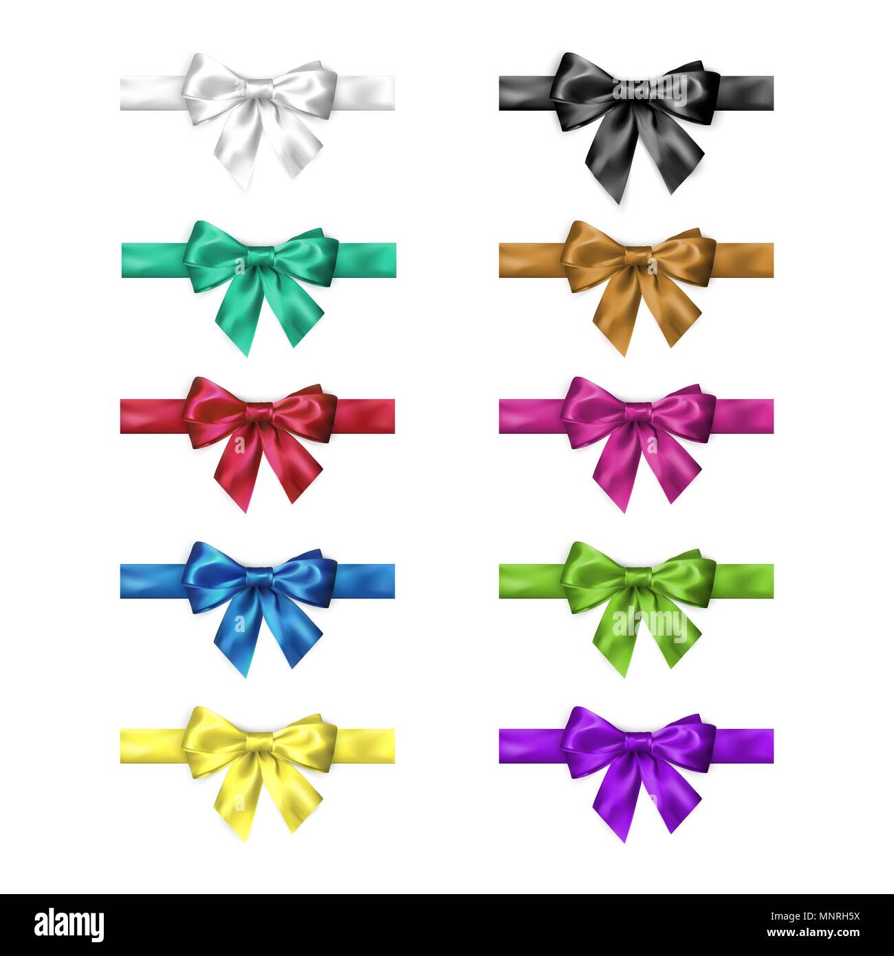 Colorful silk bow set with ribbons. Decoration collection of elegant bows. Bow design different
