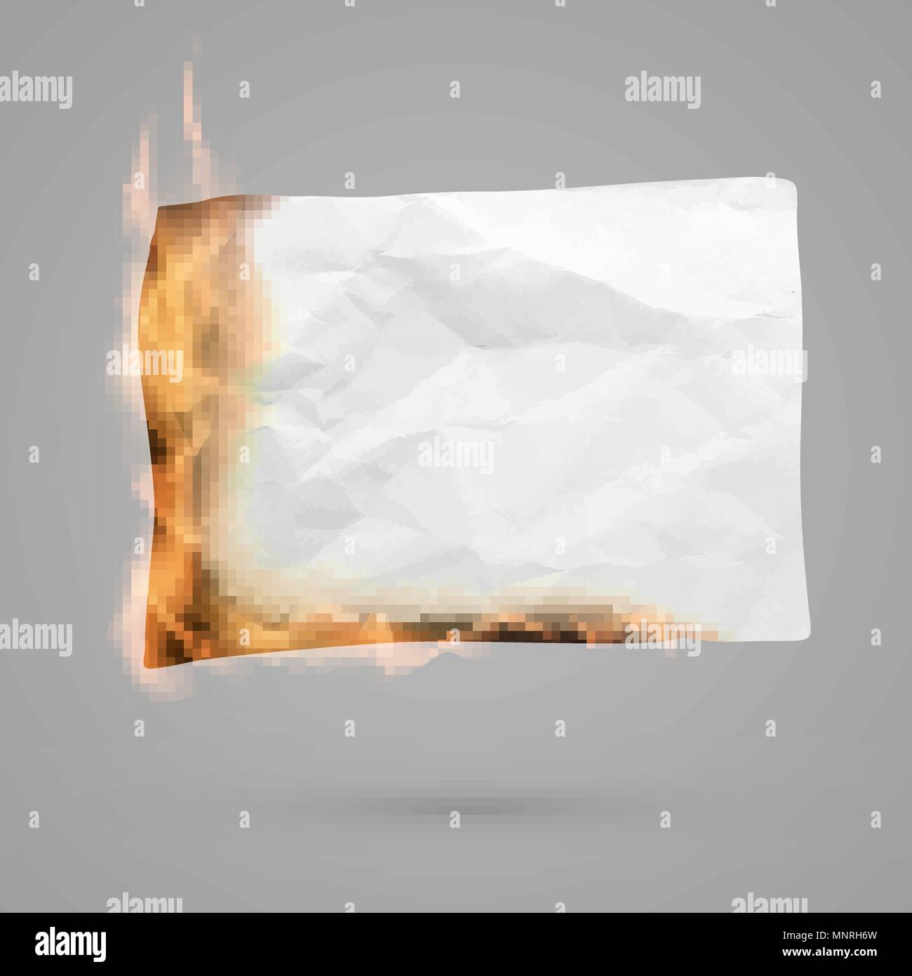 Burning piece of paper with copy space. crumpled paper blank. Crumpled paper texture in fire. Vector illustration isolated on transparent background Stock Vector