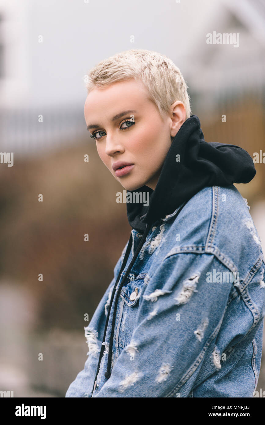 Portrait Of Young Beautiful Woman With Short Hairs Influencer